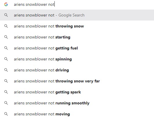 google search results for ariens snowblower not